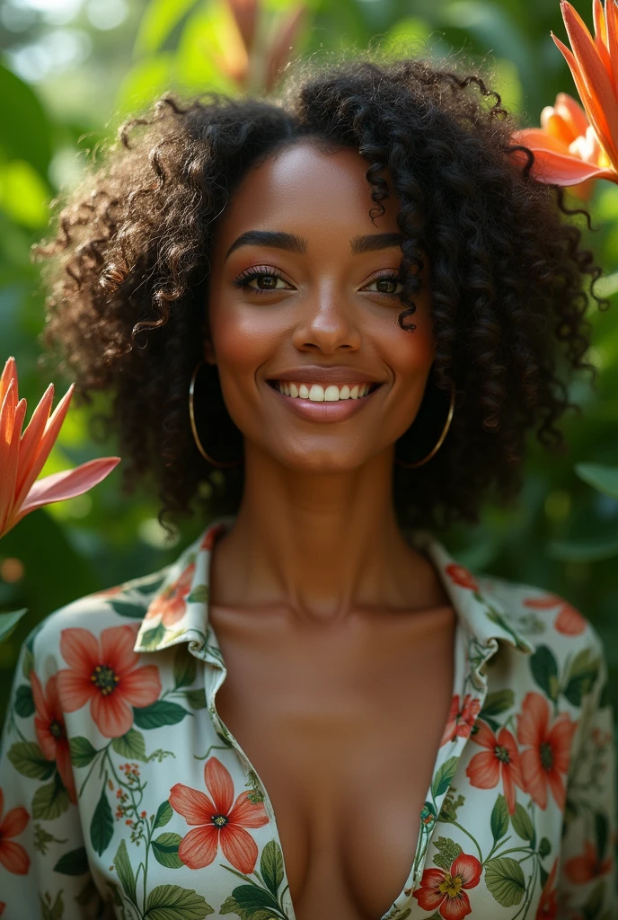 A Brazilian woman in a lush tropical garden, wearing an open shirt with a floral print, with a close-up capturing the harmonious beauty between her breasts and the natural flowers, showing off your natural charm and outgoing personality.