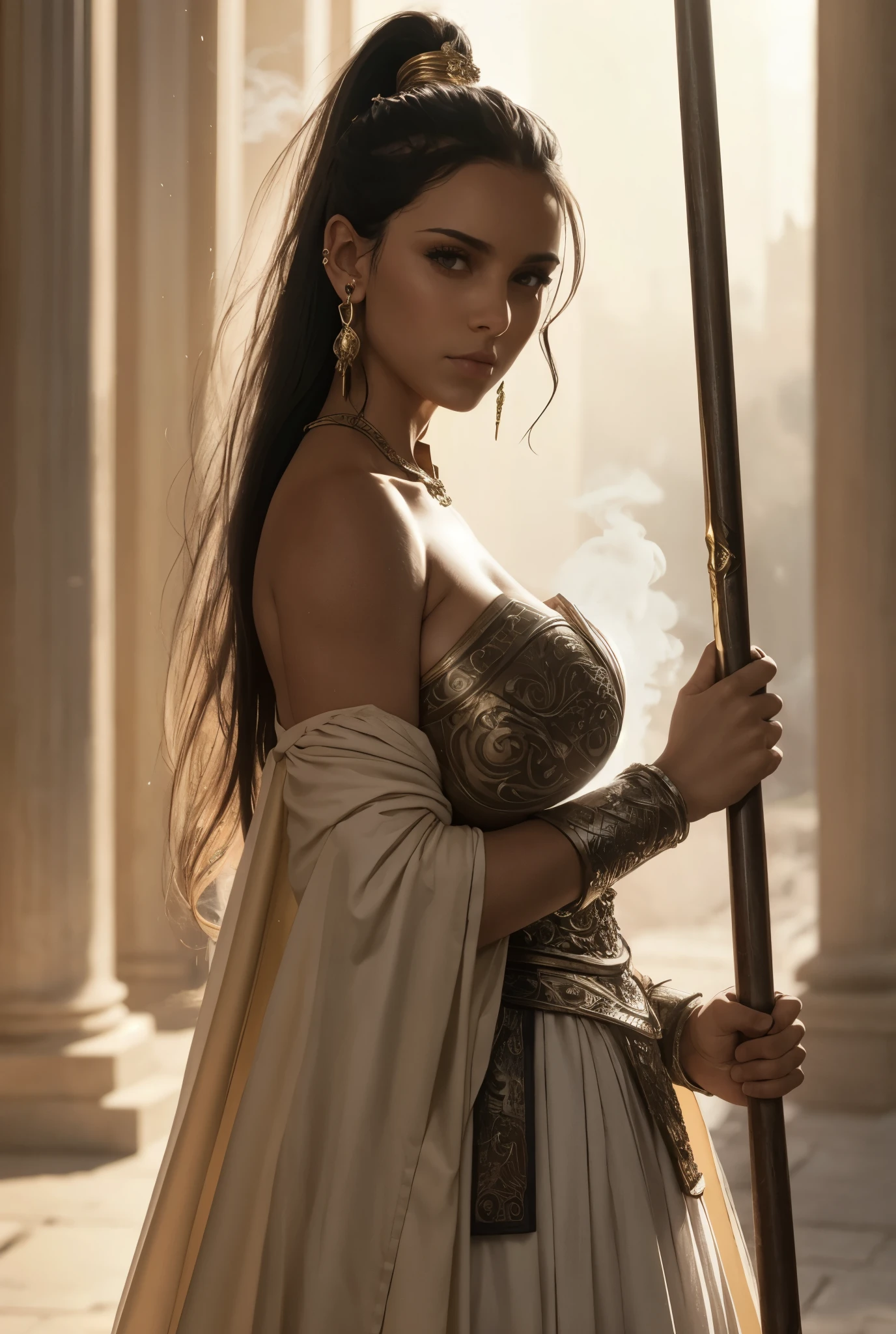 girl, strapless tube armor, (gigantic breast:1.8), overflowing breast, white draped robe, (holding long spear:1.2), long skirt, shoulder guard, solid plate headpiece, high ponytail, tyndall effect, detailed face, (looking at viewer:1.2), earring, sharp focus, backlight, greek pillar, golden hour, blurry background bokeh, smoke-filled details, (close-up shot:0.4),