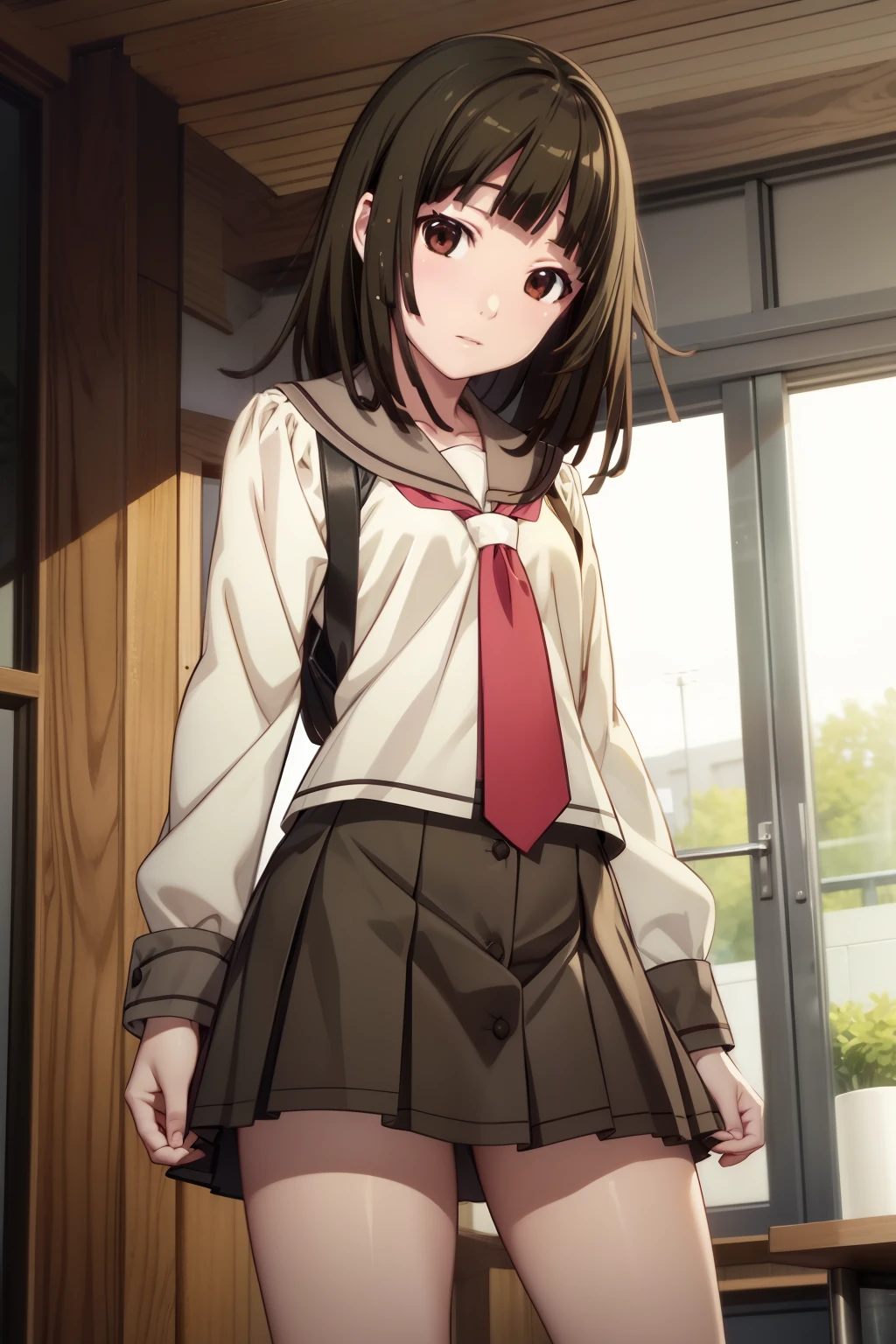 masterpiece、Highest quality、High resolution、Detailed face、(anime、anime塗り、animeカラーリング、RAW Photos、Bakemonogatari、official)、nadeko01, medium hair, brown hair, brown eyes, bangs, blunt bangs, skirt, collarbone, school uniform, serafuku, long sleeves, necktie 、One girl、solo、Staring at the audience、Random Pause、Random Angle、whole body、Thighs