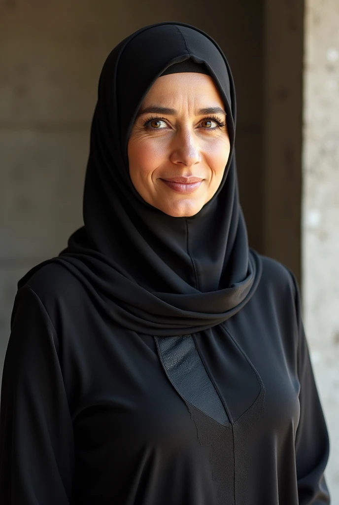 woman,((40 years old)), black hijab, black shirt, beautiful face, white skin, long pants, house
