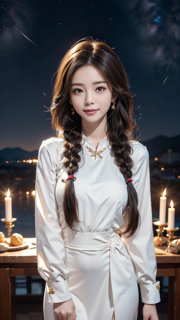 ulzzang-6500-v1.1, (RAW photo: 1.2), (Real photo), (Real photo: 1.4), 1 girl、Perfect anatomy、1、Looking at the camera、smile, Medium length hair、side braid, holding a white jade bracelet next to the flickering candles at night, under the starry night sky, ((starry night: 1.1))、(Business service)、Asian eyes Ella,