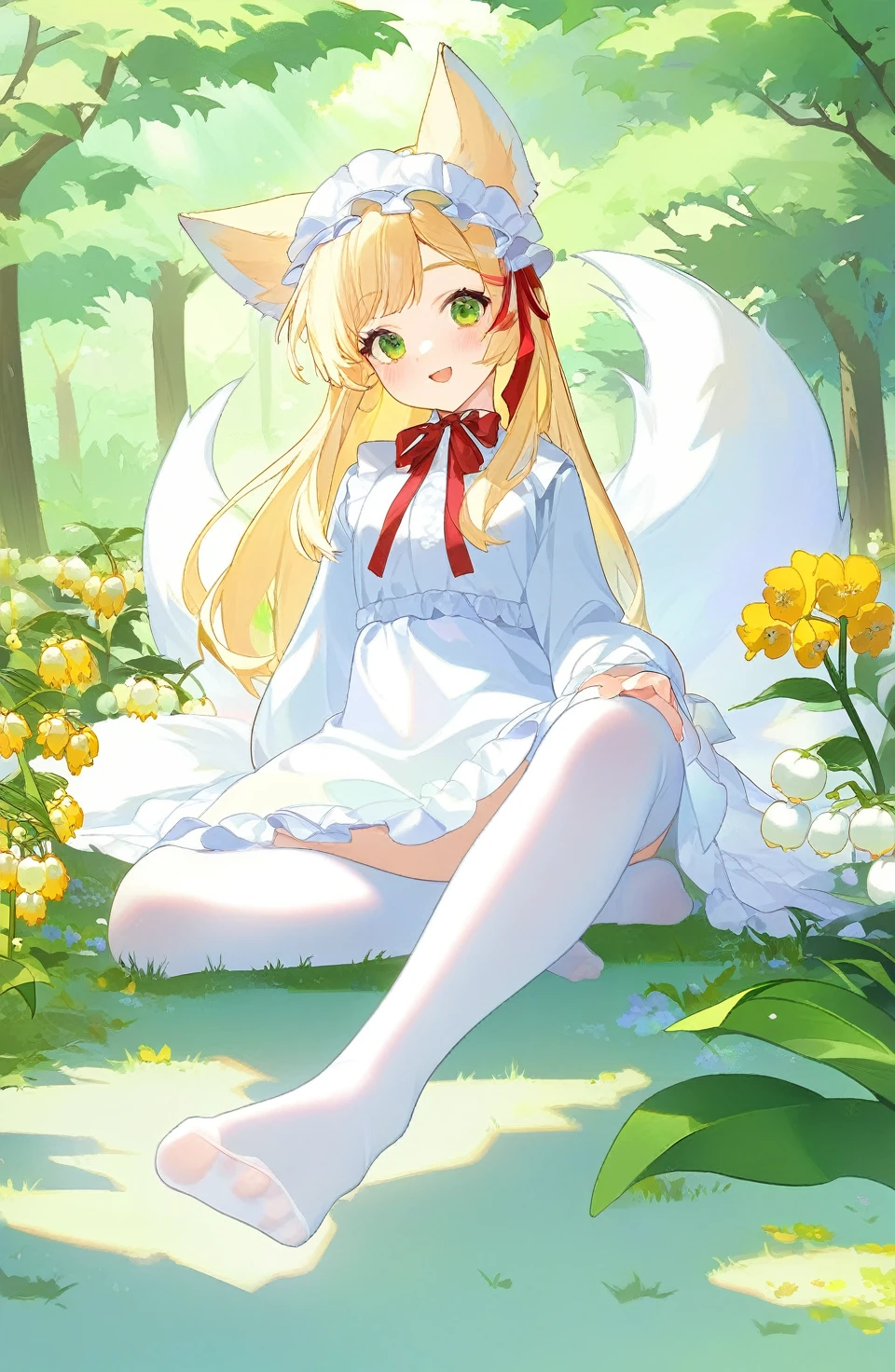 get lost:1.3,Leo:1.2,Rapid:1.2,Konya Umat:1.2,Vanke 1.1, rayla,
1 Girl, Solitary, Lily of the Valley (Ark of Tomorrow), Fox Girl,
Green Eyes,Fox ears,Fox Tail,foot, Long hair,Colorful hair color, Blonde Hair, White hair,Animal ears are hairy,foot趾,Multi-tail,
White stockings, White Dress,No shoes allowed,red Ribbon, Ribbon, Headband, nature, narrow, blush, Long sleeve, Flowers,Tree, frilled Headband, Ruffles, Bangs, neck Ribbon,Hair between the brows, On the head, outdoor, yello Flowers,res Flowers,
foot部焦点,sit,Looking at the audience,
(Beautiful colors,detailed,best quality,excellent quality,very aesthetic:1.5)