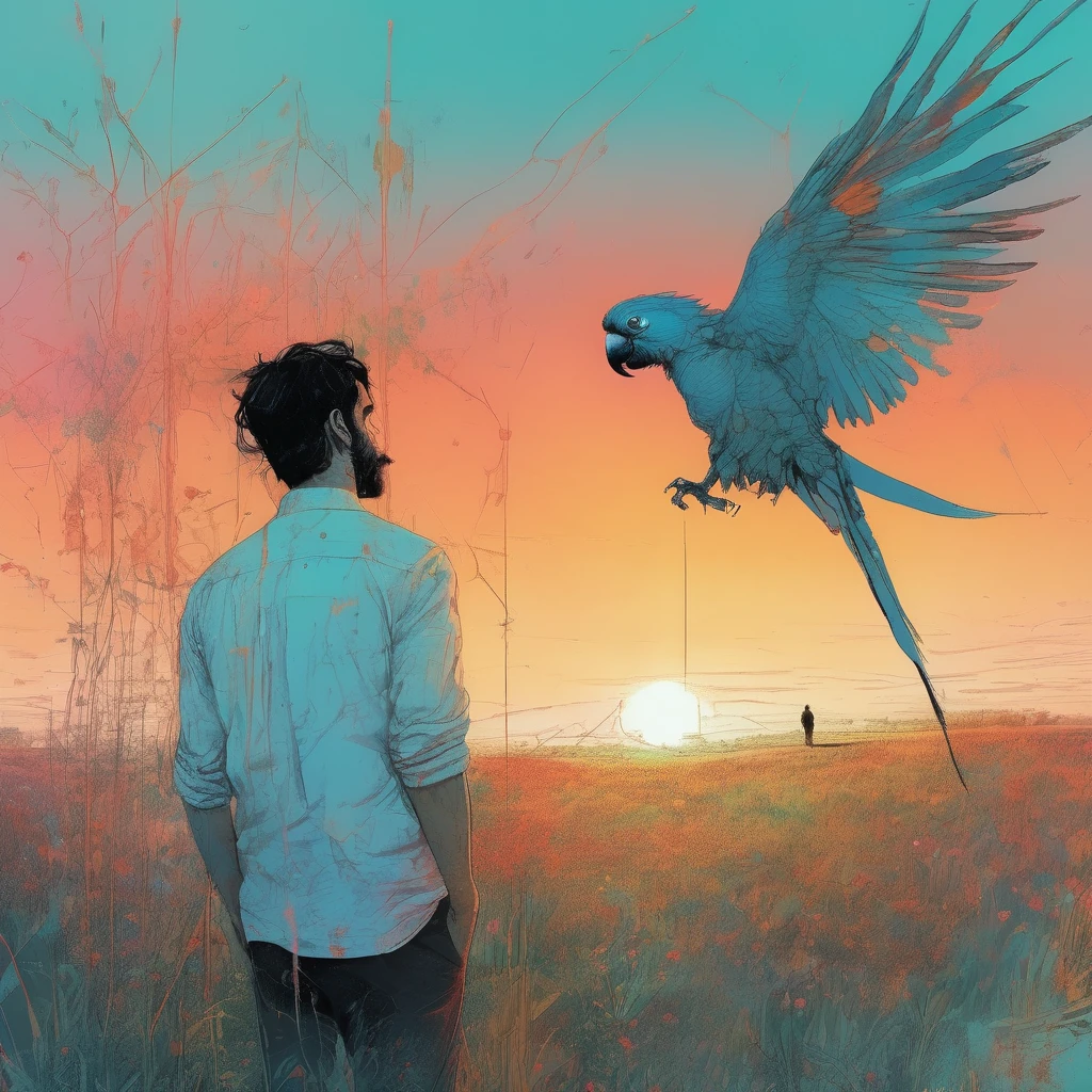 a cover art, the field at sunset where a Persian man is seen toward a parrot is looking, lineart| vibrant| comprehensive cinematic| Carne Griffiths| Conrad Roset