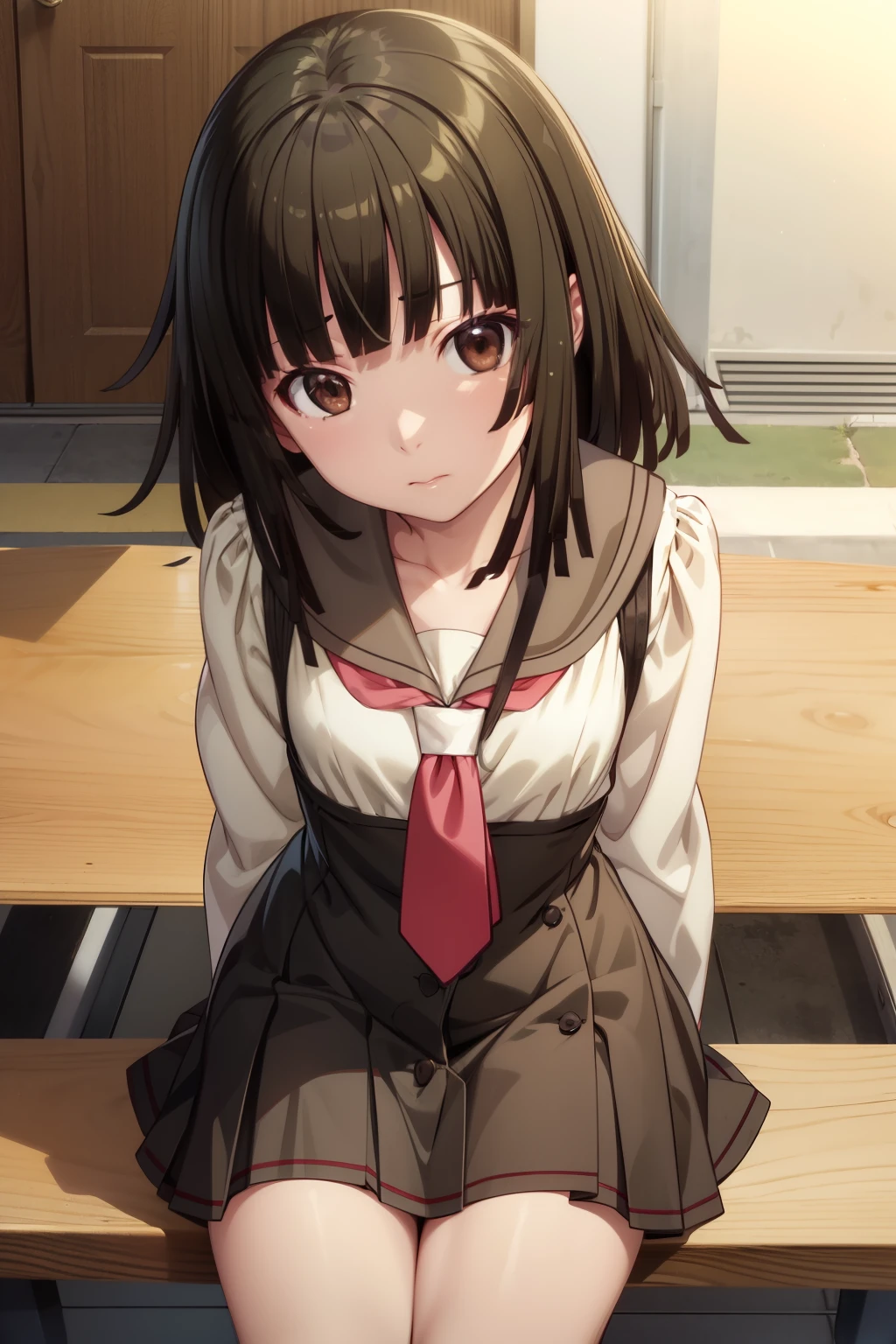 masterpiece、Highest quality、High resolution、Detailed face、(anime、anime塗り、animeカラーリング、RAW Photos、Bakemonogatari、official)、nadeko01, medium hair, brown hair, brown eyes, bangs, blunt bangs, skirt, collarbone, school uniform, serafuku, long sleeves, necktie 、One girl、solo、Staring at the audience、Random Pause、Random Angle、whole body、Thighs