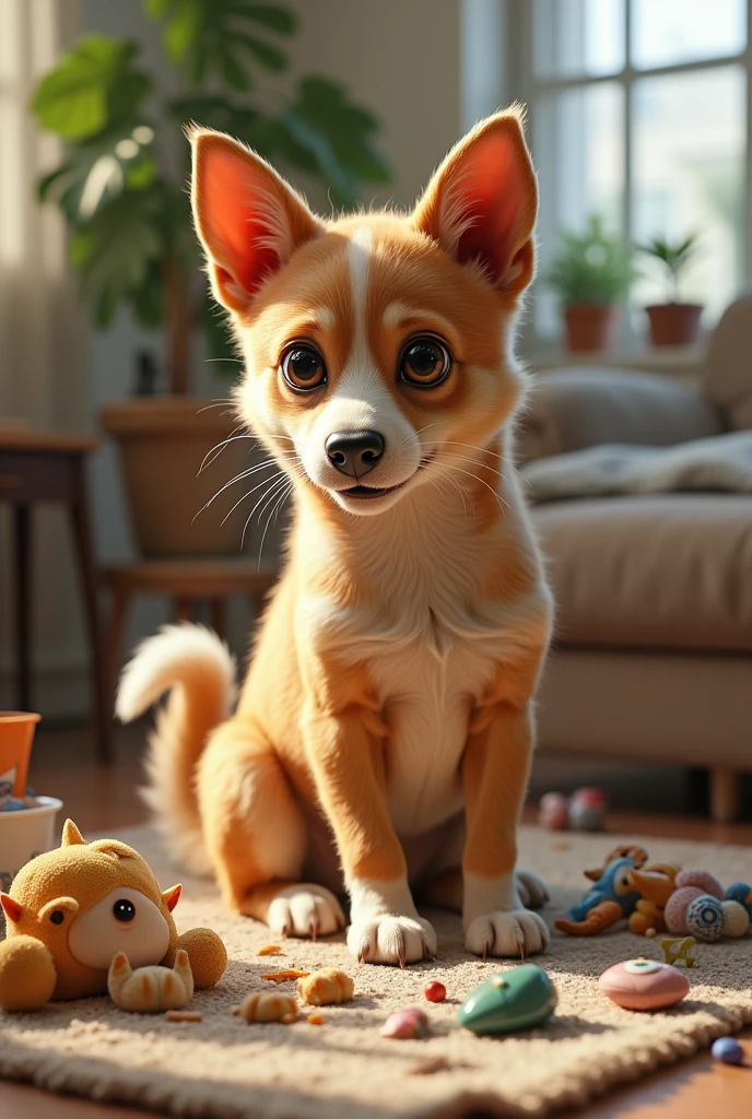 Jack Russell Terrier、The whole body is light brown in color、Dignified fur、Perky ears、Adorable expression、Adorable behavior、Expressions of affection、Sharp jawline、black々A slender nose、The background is the living room、