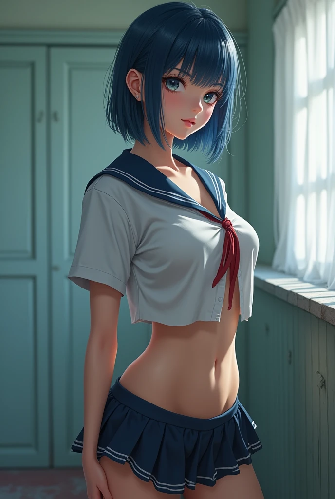 (explicit content warning) [(Masterpiece: 1.1, Best quality: 1.1), shy girl in uniform showing off, emphasis, panties, sheer, slightly 0.8 blue hair, wet,