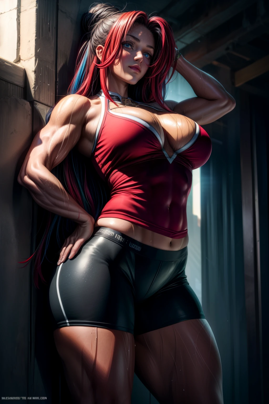 sylvia, (multicolored hair:1.4), long hair, (red eyes), (medium breasts:1.2), thicc thighs, curvy hips, covered erect nipples, see trought,long nipple, hard nipple,
BREAK, gym top, bike shorts,
BREAK looking at viewer, (sweaty:1.3), sunlight, side view,
BREAK (masterpiece:1.2), best quality, high resolution, unity 8k wallpaper, (illustration:0.8), (beautiful detailed eyes:1.6), extremely detailed face, perfect lighting, extremely detailed CG, (perfect anatomy),1 , 