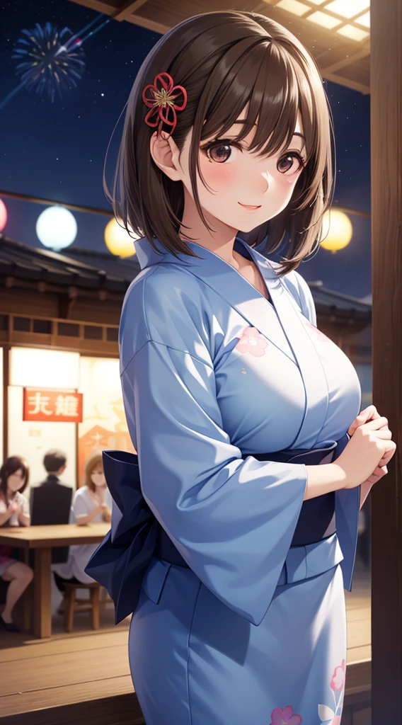 NSFW,(One girl:1.5),natsuiro matsuri,One Side Ponytail,yukata,kimono,(Perfect hands),(Perfect Anatomy),(masterpiece),(highest quality),Embarrassed,blush,Shrine at night,Festivals,stall,Outdoor