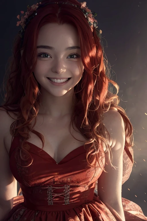 A highly detailed, 8k, masterpiece portrait of a girl with red tied hair wearing a dress, making a crazy smile, (perfect face), detailed background, full body, blooming flowers, (beautiful lighting:1.3), caustics, dynamic lighting, shot from below