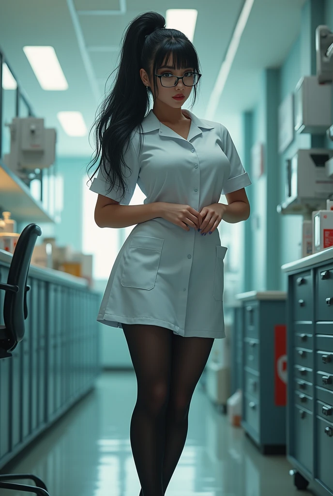 Sexy skinny thin young Asian doctor wearing glasses on her knees showing her panties ass, in blue scrubs, open top breasts, boobs