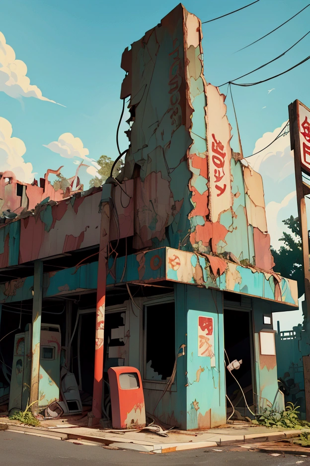 "Create an anime-style image of an abandoned gas station as the focal point. Emphasize the worn-down fuel pumps, a crumbling building, and a faded sign. Surround the area with overgrown plants and debris. The sky should be overcast, but use more vibrant colors to bring contrast and highlight the details of the abandoned setting, creating a striking visual effect."