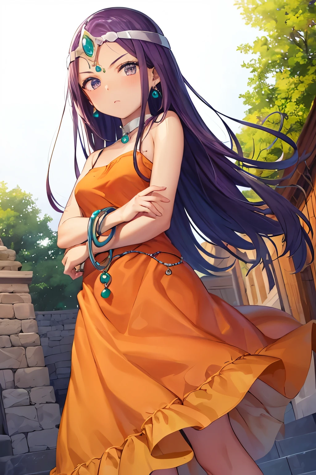 (Highest quality:1.2),  Alone、dqMinea, circlet, earrings, choker, bracelet, Orange dress、(blush:1.1), Embarrassing, View your viewers、((Photo from below))、
