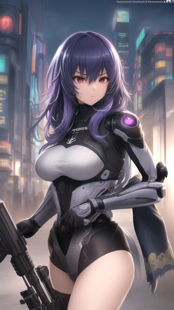 digital art, best quality, highly detailed, manga style, solid manga colors, 3/4 low angle angle camera, full-length body shot : stunning caucasian woman with long dark purple hair, ponytail, lipstick gloss, wearing a sci-fi thin exoskeleton gundam suit, colorfull, painted logos, standing tall hover a pile of broken walls, natural skin, natural textures, natural body posture, bokeh, futuristic destroyed city background, sharp contrast, perfect woman forms