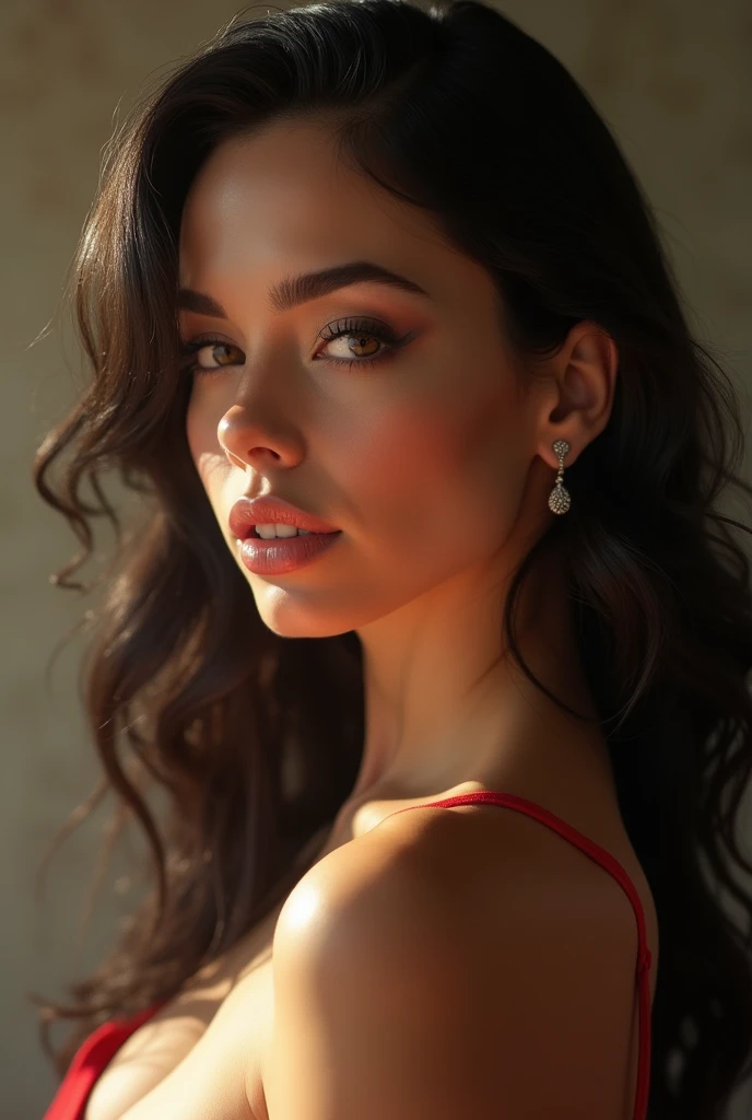 close-up, extreme close-up, close-up portrait, portrait, close-up on her lips, ultra realistic, photography, long black straight hair in a ponytail, elegant perfect hair, (30 years old, hazel eyes, hourglass figure, perfect fit body, natural big breasts), firtatious look, crimson red lipstick, femme fatale, she is a sex icon, she is a sex goddess, long eyelashes, cat-eye make-up, she is completely nude, she is completely naked, highlight her cleavage, highlight her curves, she has her hands on her neck and her head slightly falls backwards, her eyes focus the camera and her lips are slightly parted, she hides her breasts behind her arms