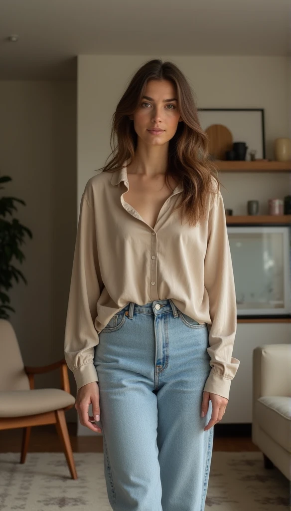 body shot of an american model,with smile , wearing a linen shirt and wide pants, tied at the front with a belt, minimal makeup, straight brown hair, indoor photo shoot with natural lighting, high-resolution photography in the style of natural lighting