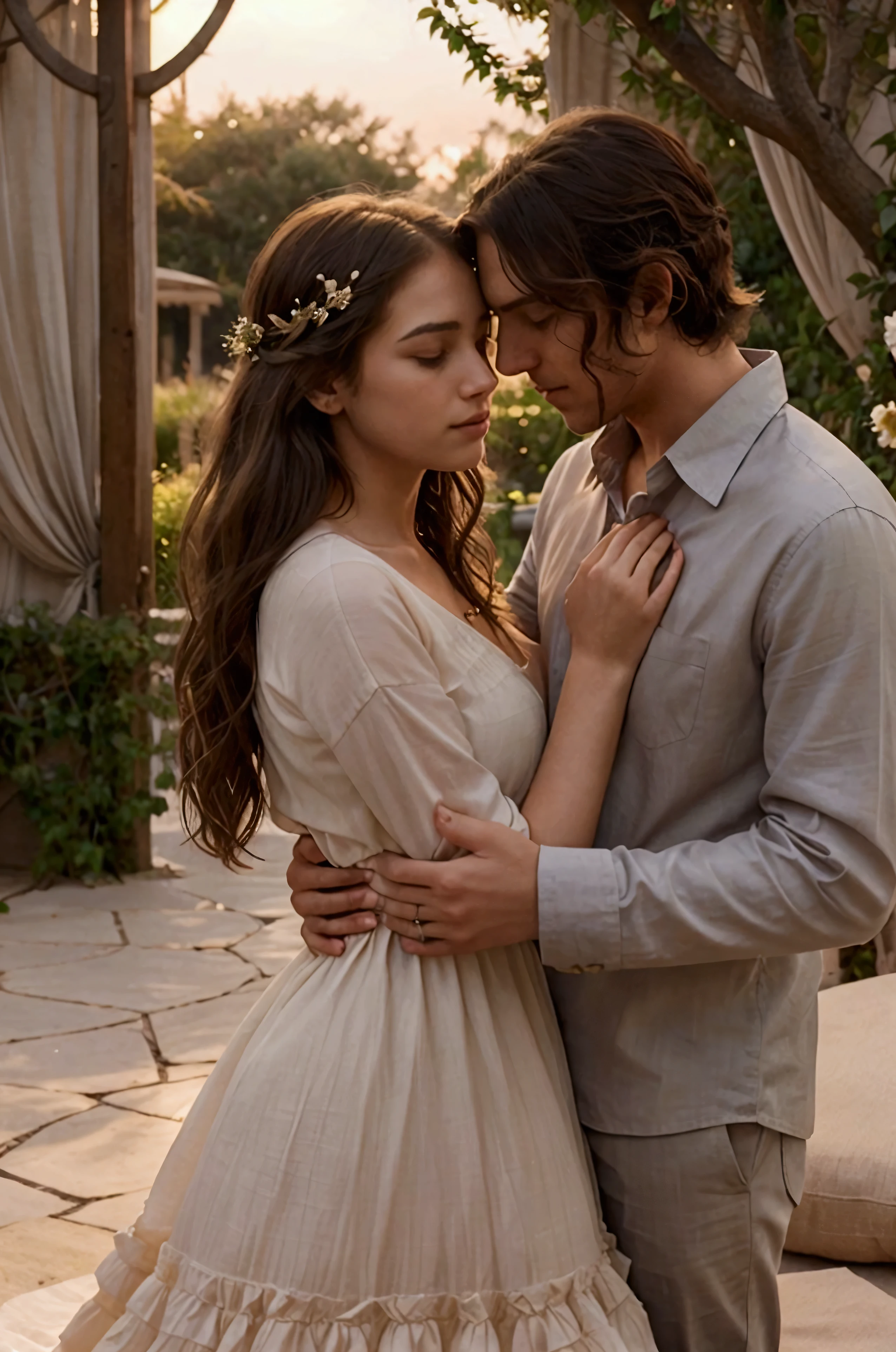 (best quality,4k,8k,highres,masterpiece:1.2),ultra-detailed,realistic,romantic couple, sexy man, perfect woman, soft lighting,beautiful detailed eyes,layered hairstyles,long flowing hair,loving expression,subtle smiles,glowing skin tones,natural beauty,dreamy atmosphere,warm colors,gentle touch,lovely dress, muscular man, sun-kissed background,serene garden setting,floral accents,peaceful ambiance,dappled sunlight,whispering leaves,evocative emotions,magical connection,affectionate embrace,eternal love