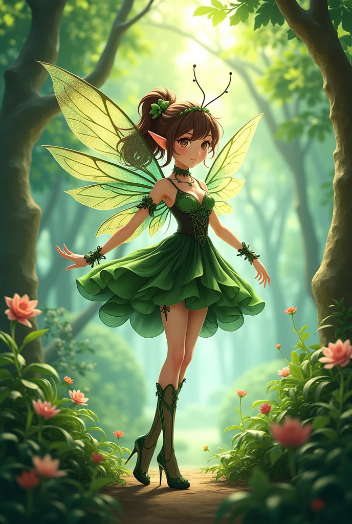 Anime girl en costume vert et noir sur ailes et fond vert, Personnage de lutin, fairy, forest fairy, Insect trainer girl, Brown Elf with Fairy Wings, lutin, Cute 3D Anime Girl Rendering, April Rendition, Fairy Dance, jambes ouvertes