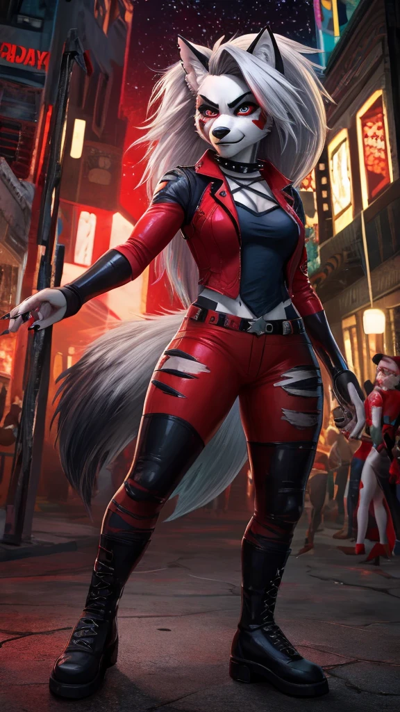 Loona from Helluva Boss, female wolf, anthro, mature adult, normal eyes, bright red contact lenses, stare, maniac, the purge, Suicide Squad Isekai Harley Quinn cosplay, detailed, solo, beautiful, high quality, standing, full body, 4K