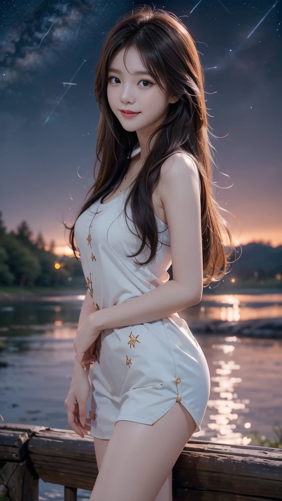 ulzzang-6500-v1.1, (RAW photo: 1.2), (Real photo), (Real photo: 1.4), 1 girl、Perfect anatomy、1、Looking at the camera、smile, Medium length hair、beside a vast lake in the middle of a wild forest, ((under the night sky with stars: 1.1))、 (Business service)、Asian eyes Ella,