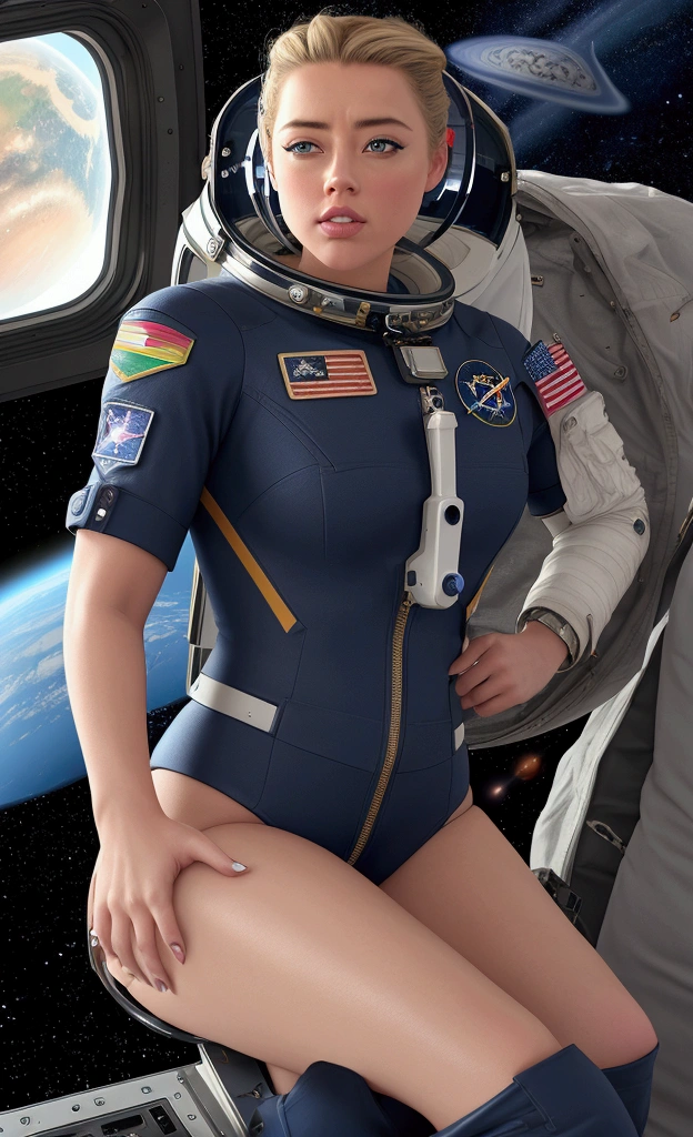 Create a 3D image, AMBER HEARD beautiful astronaut by profession, navy blue uniform, On his arm he has the Mexican flag and the NASA logo., sitting in the cabin, watching the international space station with the earth in the background from the window