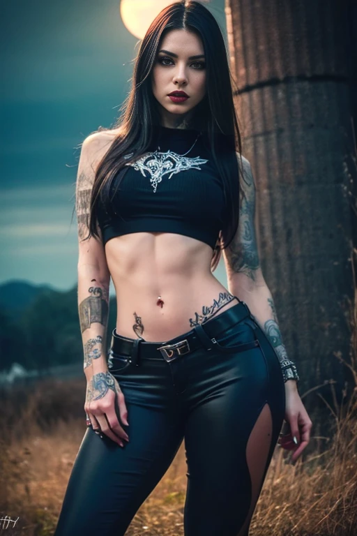 Best Quality,Masterpiece,Ultra High Resolution,(Realisticity:1.4),Original Photo,Cinematic Lighting, 1girl, solo, Metalhead Style girl at night under the moonlight, Hot Body, ABS, tattooed, wearing ripped black pants, black clothes, fit body, heavy metal style, heavy metal art style, heavy metal concert background. realistic, datailed, detailed face, 4K.