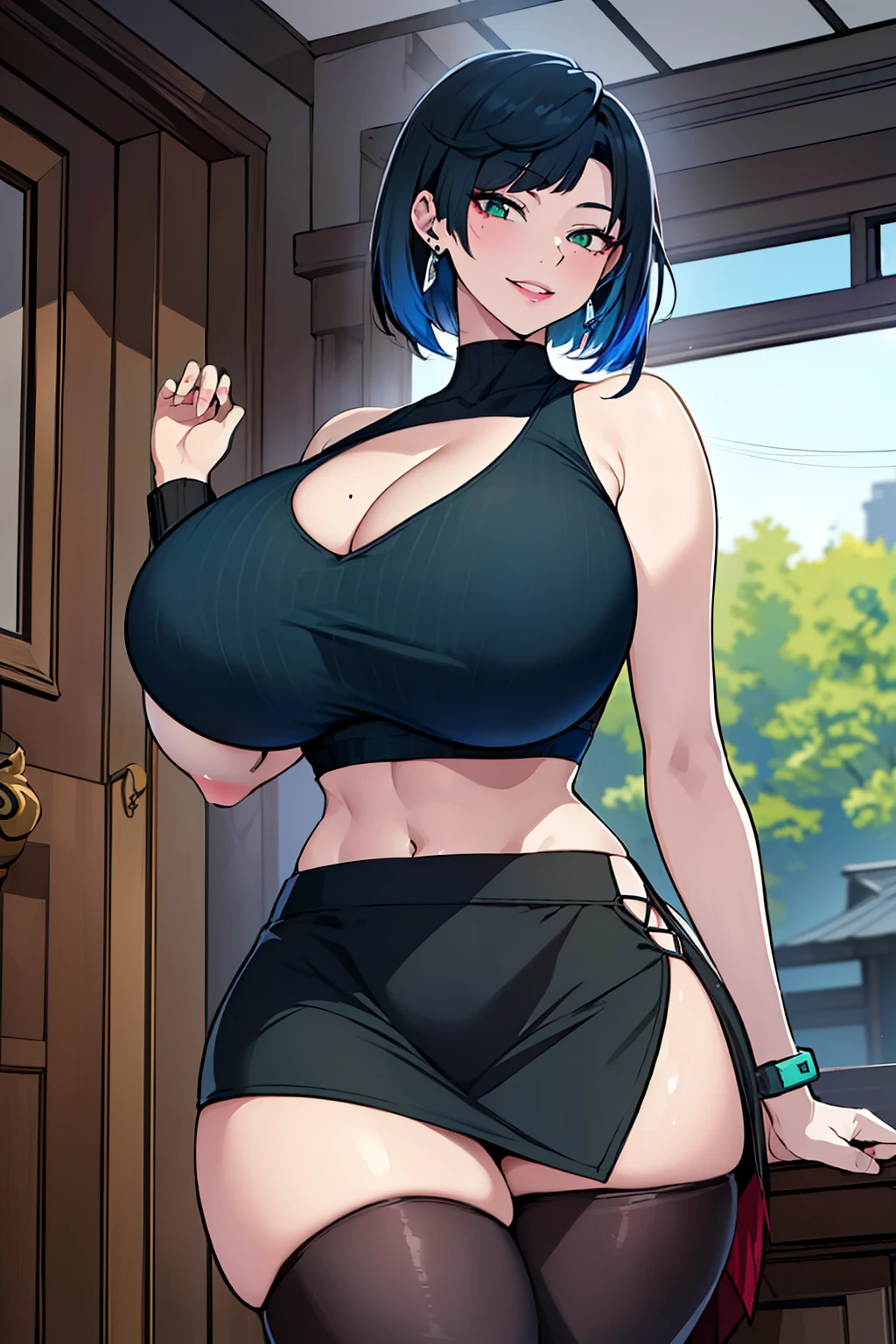 An anime-style artwork depicting yelan from the game genshin

Tags: yelan_genshin, anime, detailed eyes, detailed lips, (crop top:1.1), miniskirt, turtleneck, (bangs, blue_hair, short_hair, green_eyes, breasts, jewelry, diagonal_bangs, large_breasts, bob_cut, earrings, black_hair, smile, cleavage, mole, multicolored_hair, dice, parted_lips, mole_on_breast, ,, smiling expression, intense gaze, dynamic pose, indoor, palace, vibrant colors, digital art, high-resolution, professional quality, gigantic breasts, cleavage,  curvy, cowboy shot, (gigantic breasts: 1.4),