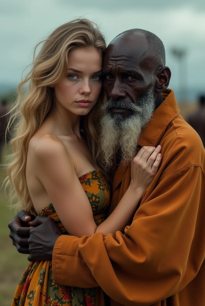 young blonde Russian girl slim pigtails blue eyes small tits kissed by poor homeless african man in Africa street