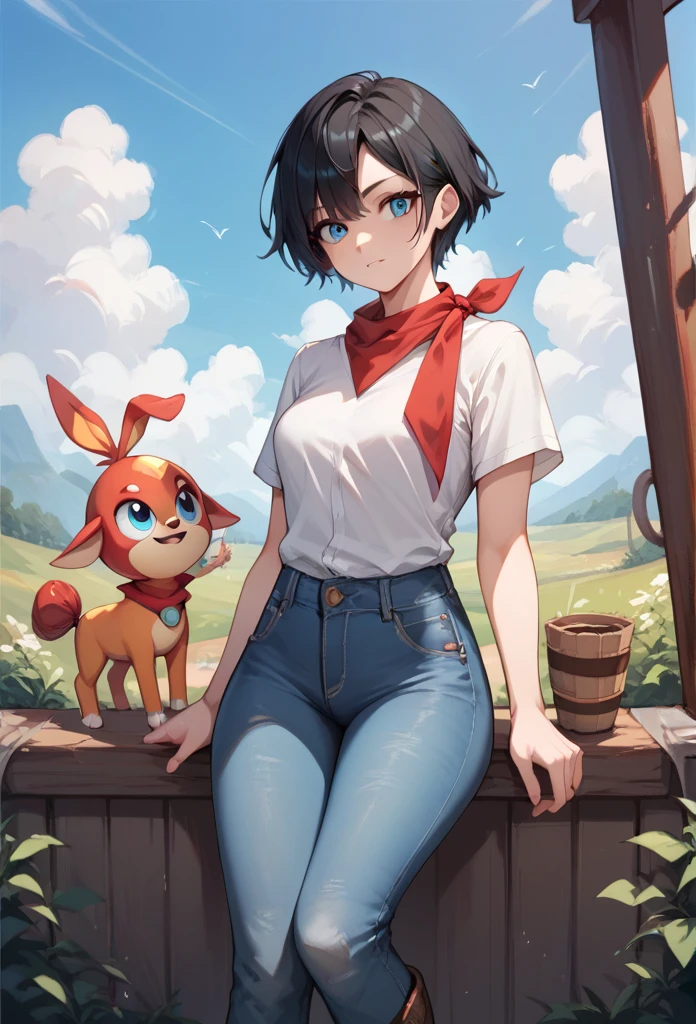 Original style, Videl, short hair, blue eyes, black hair, White short-sleeved shirt, jeans, red kerchief around the neck, cowboy boots  