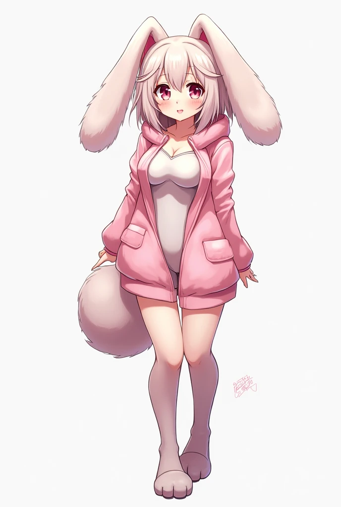 , score_9,score_8_up,score_7_up, source_cartoon, kemono style, an Anthro furry albino lynx girl, white furry body, black lynx spots, black ear tips, short white hair with pink tips on hair, pink highlights in hair, pink eyes, wearing black underwear, seductive, on her knees, full body shot, feet paws, 4 toes, biting her shirt