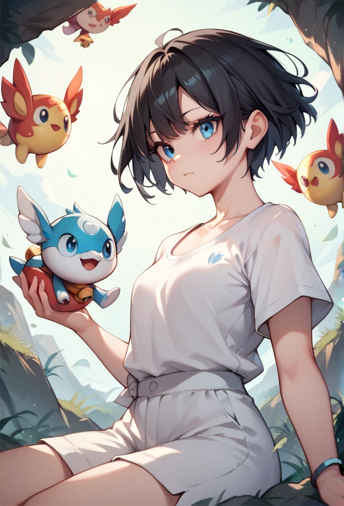 Original style, Videl, short hair, blue eyes, black hair, White short-sleeved, Cyling short