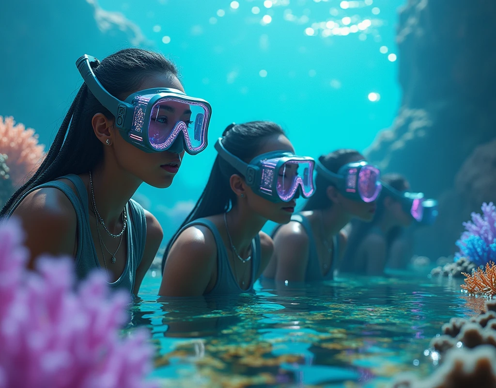 best quality, ultra high res, (photorealistic:1.4), 3 Young Latina girls with random colored hair and a beautiful fit physique, thick ass, hair floats in water, underwater, (no bra: 1), beautiful detailed, wearing naughty scuba gear