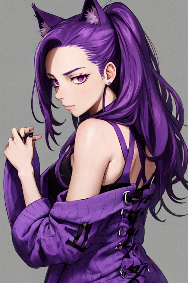 a , Shoulders Long Hair, purple hair, Klae lila Katzenohren, A purple cat tail, Assassin Clothing, Amin-Stil