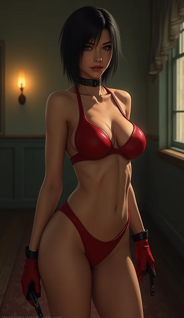 tiro de cowboy, solo, 1girl, shiba kuukaku, (prothesis, prosthetic arm:1.2), sorriso, boca fechada, olhando para o espectador, vestido vermelho, ataduras, decote, cgi