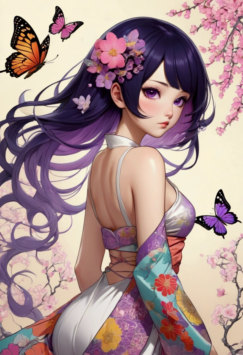 A mesmerizing surreal illustration of a young japanese woman resembling Shinobu Kouchou. She has black hair, purple eyes, a butterfly hair ornament, and wears a vibrant pastel colored outfit adorned with intricate floral patterns. She has a smooth, warm complexion, and bold, colorful tattoos cover her arms and legs. The tattoos feature traditional Japanese motifs like flowers and mythical creatures, rendered with meticulous detail in a pastel color palette. The background is a vintage floral-patterned wallpaper that complements the artwork's colors. The line work is precise, with delicate shading that gives the illustration a 3D quality. The artwork fuses modern illustration techniques with traditional Japanese aesthetics, resulting in a visually striking, portrait, Shinobu_Kocho, butterfly_hairpiece, multicolored_hair, purple_hair, black_hair, big breasts, slender, arms behind back, white panties, cleavage, 
