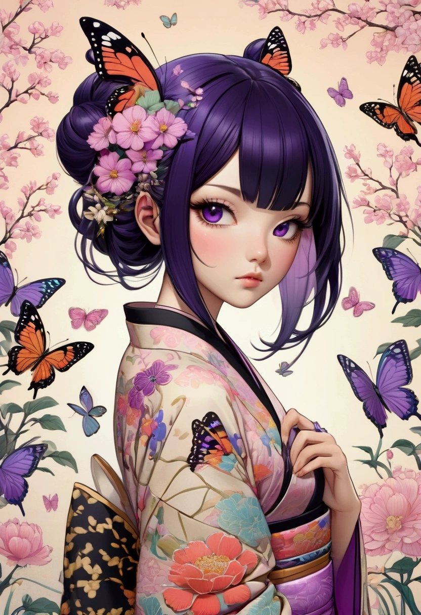 A mesmerizing surreal illustration of a young japanese woman resembling Shinobu Kouchou. She has black hair, purple eyes, a butterfly hair ornament, and wears a vibrant pastel colored outfit adorned with intricate floral patterns. She has a smooth, warm complexion, and bold, colorful tattoos cover her arms and legs. The tattoos feature traditional Japanese motifs like flowers and mythical creatures, rendered with meticulous detail in a pastel color palette. The background is a vintage floral-patterned wallpaper that complements the artwork's colors. The line work is precise, with delicate shading that gives the illustration a 3D quality. The artwork fuses modern illustration techniques with traditional Japanese aesthetics, resulting in a visually striking, portrait, Shinobu_Kocho, butterfly_hairpiece, multicolored_hair, purple_hair, black_hair, big breasts, slender, arms behind back, white panties, cleavage, 
