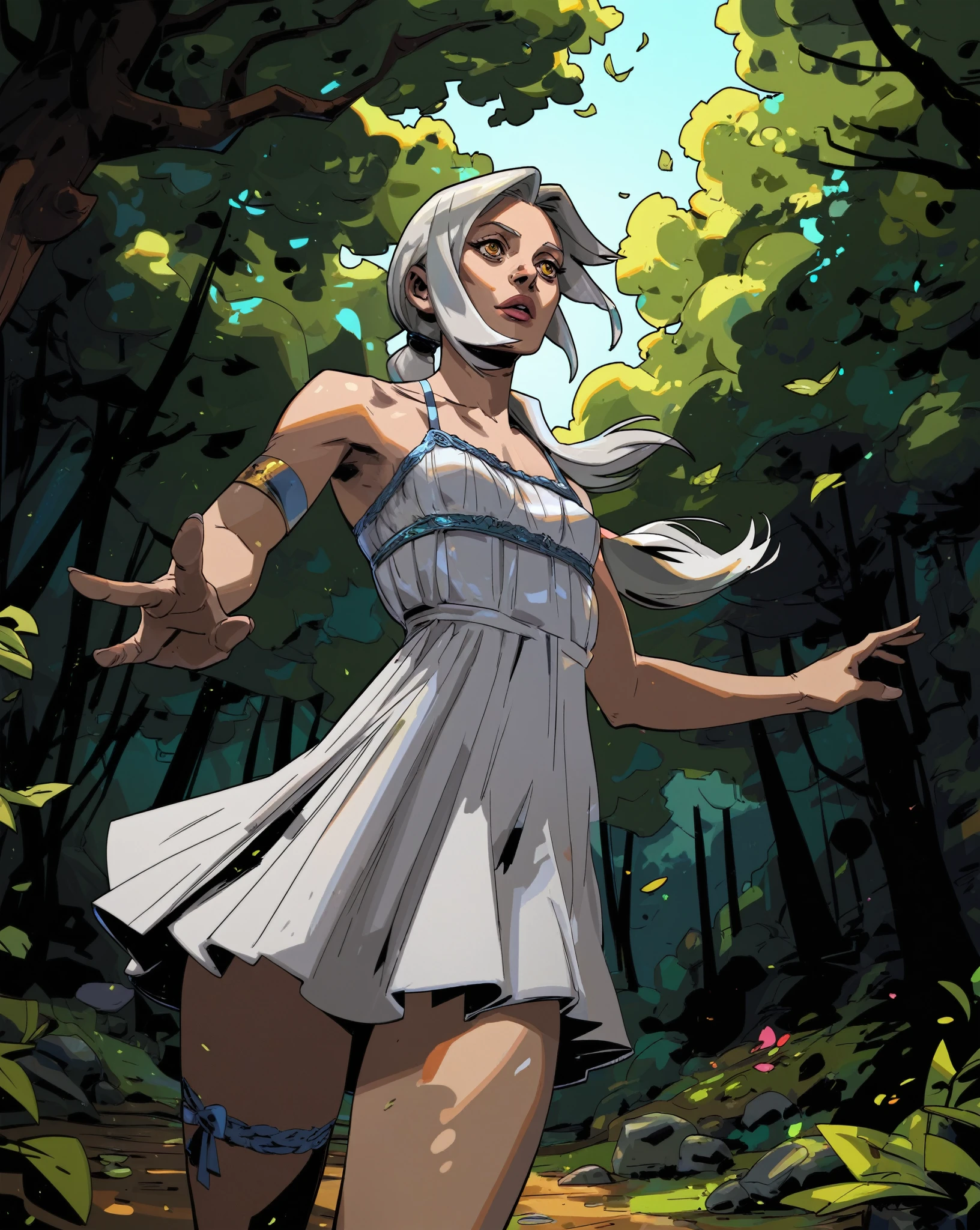 score_9, score_8_up, score_7_up, score_6_up, score_5_up, score_4_up, BREAK hds style, cel shading, linear hatching, 1girl, narrow eyes, golden eyes, small breasts, white dress, low ponytail, white hair, forest bavkground, detailed, dynamic pose, dynamic angle, angled shot,
