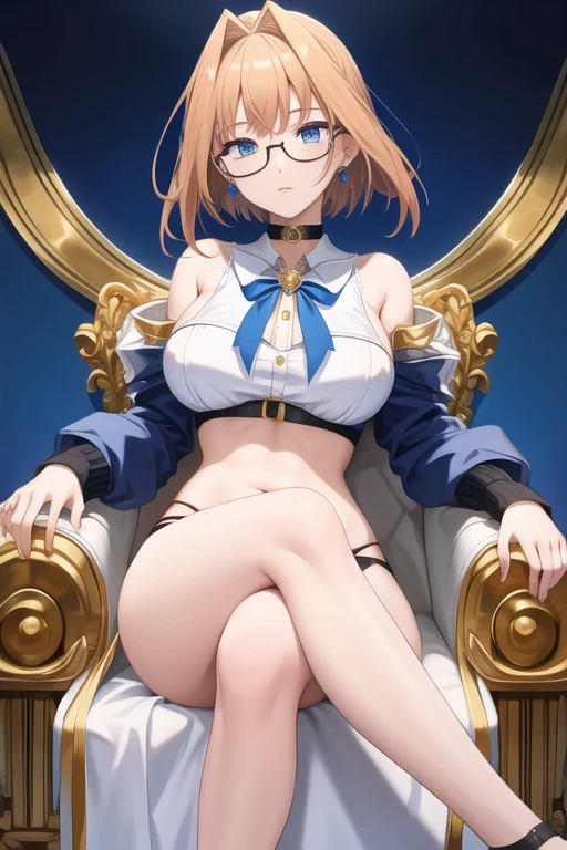 Golden crowns, 1 girl, Alone, looking at the viewer, short hair, blue eyes, big breasts, simple background, For the blue, long sleeve, [White background, jewelry, seated, underwear, For the blue, panties, White shirt, thighs, earrings, Chapped lips, Glasses, choker, lift the clothes, black panties, tattoo, lift the shirt, Hair ingestion, Crossed legs, stomach tattoo, bow earrings