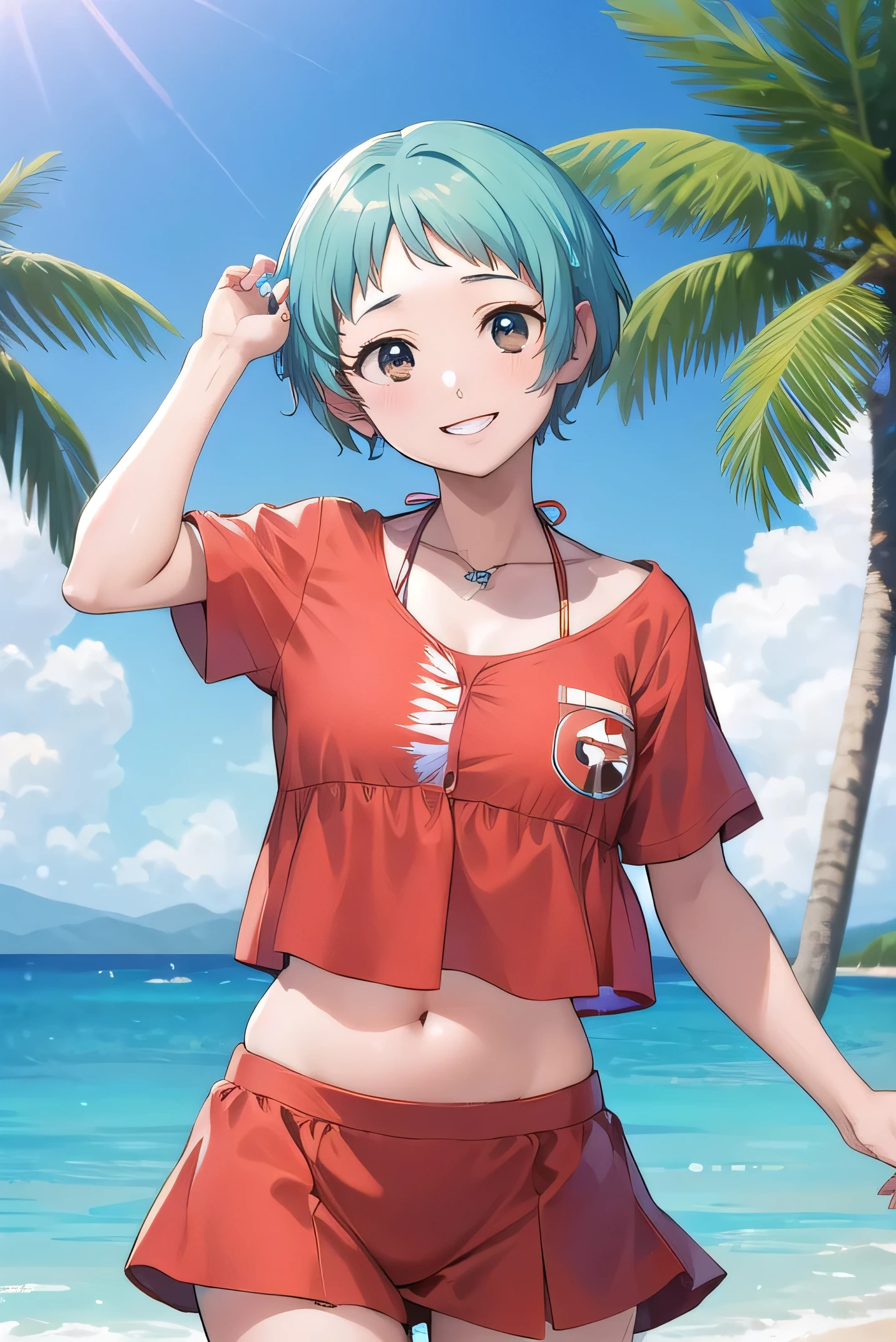 (masterpiece, best quality:1.2), cowboy shot, solo, 1girl, yamagishi fuuka, smile, looking at viewer, wearing red Hawaiian shirt, blue bikini, hands detailed, high quality, anime style