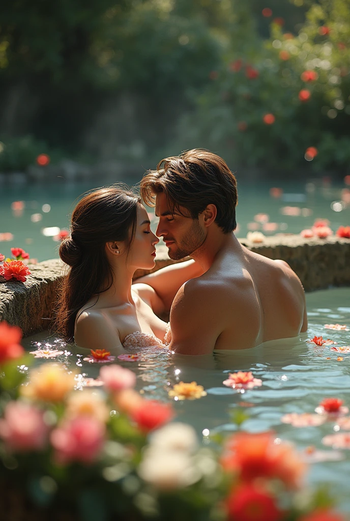 
Hanfu period, a naked woman hugs a naked man in a crystal clear waterfall that can be seen from above.