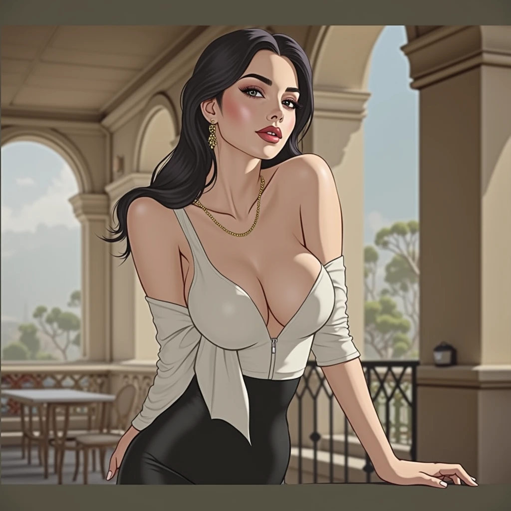 Vintage retro art print of a smiling woman, rosto perfeito, Symmetrical face, French face, rosto sensual, mischievous smile she is wearing a complex sundress,as a backdrop a terrace in Sorento, not Gil Elvgren's art style, premiado, Obra de arte, dramatic lighting,