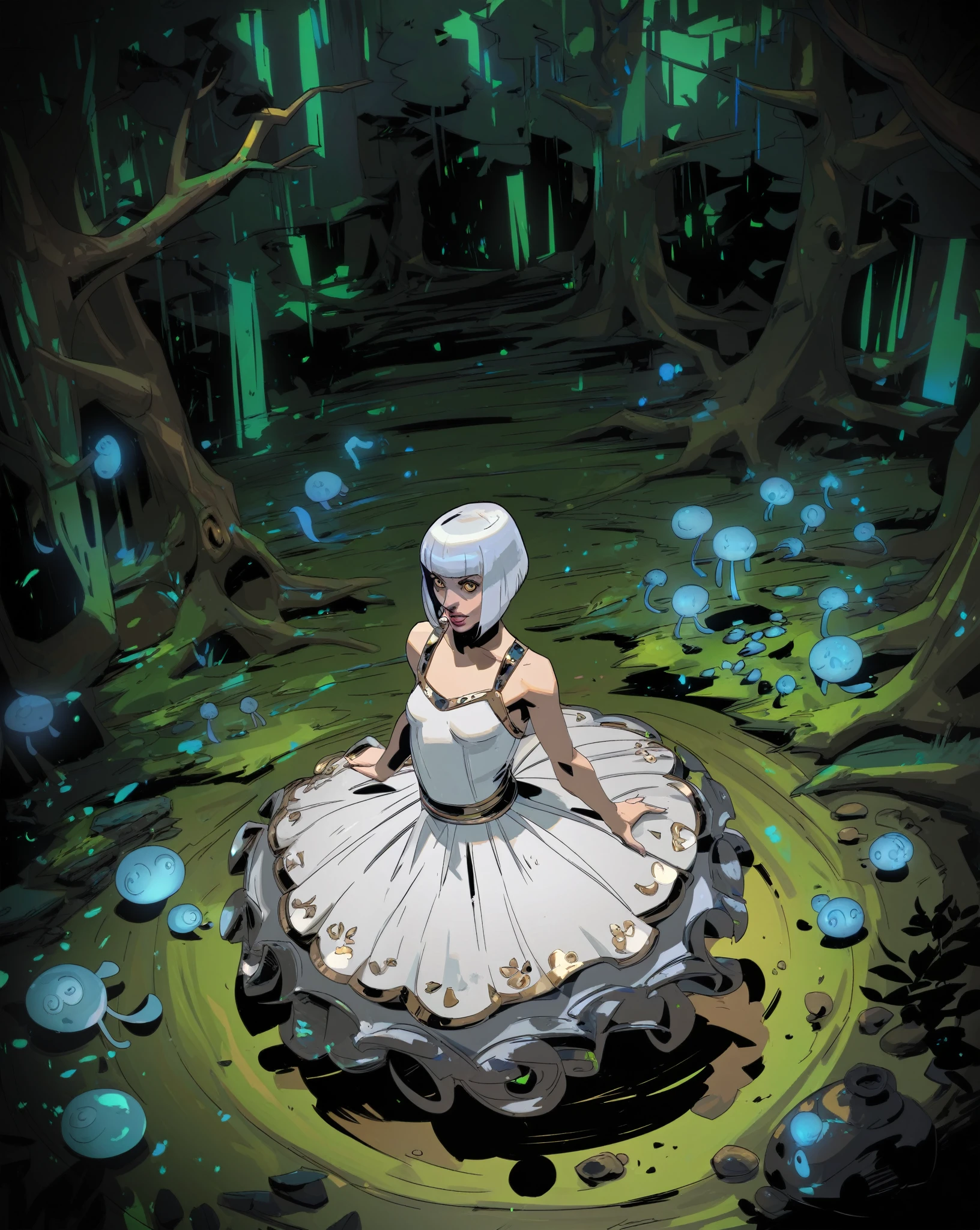 score_9, score_8_up, score_7_up, score_6_up, score_5_up, score_4_up, BREAK hds style, cel shading, linear hatching, 1girl, narrow eyes, golden eyes, small breasts, white dress, jellyfish cut, white hair, forest bavkground, detailed, dynamic pose, dynamic angle, high angle shot,
