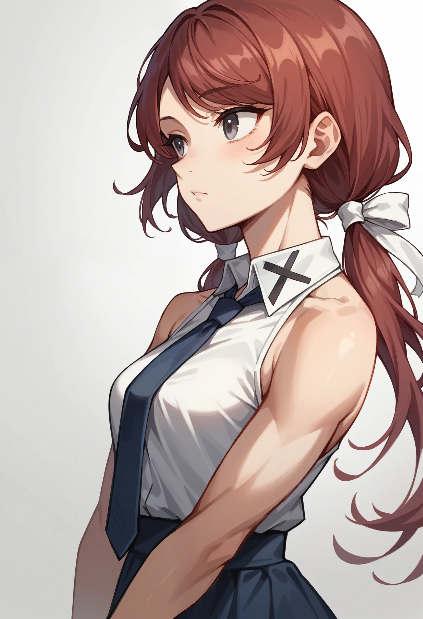 (masterpiece, best quality), 1girl, stoic, looking to the side, beautiful face, Gray eyes, Dark red hair, low twin tails, white ribbons, sleeveless halter neck white collared shirt, dark blue necktie, dark blue skirt, small breasts, toned arms, pink cute underwear,