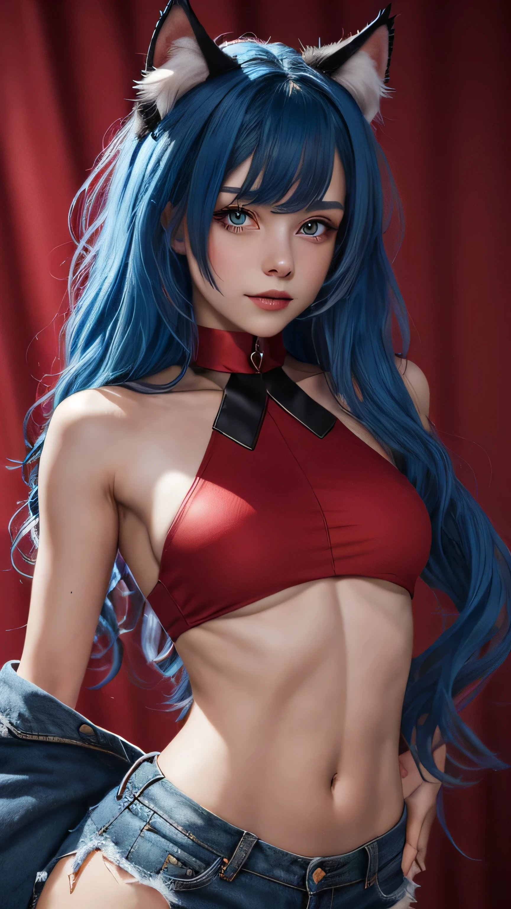 1girl, cat ears, fluff, simple background, cowboy shot, beautiful body, blue hair, (red theme), (gold:0.9), (master part, extremely high quality:1.18), CG, 8k, extreme quality, StyleBuff