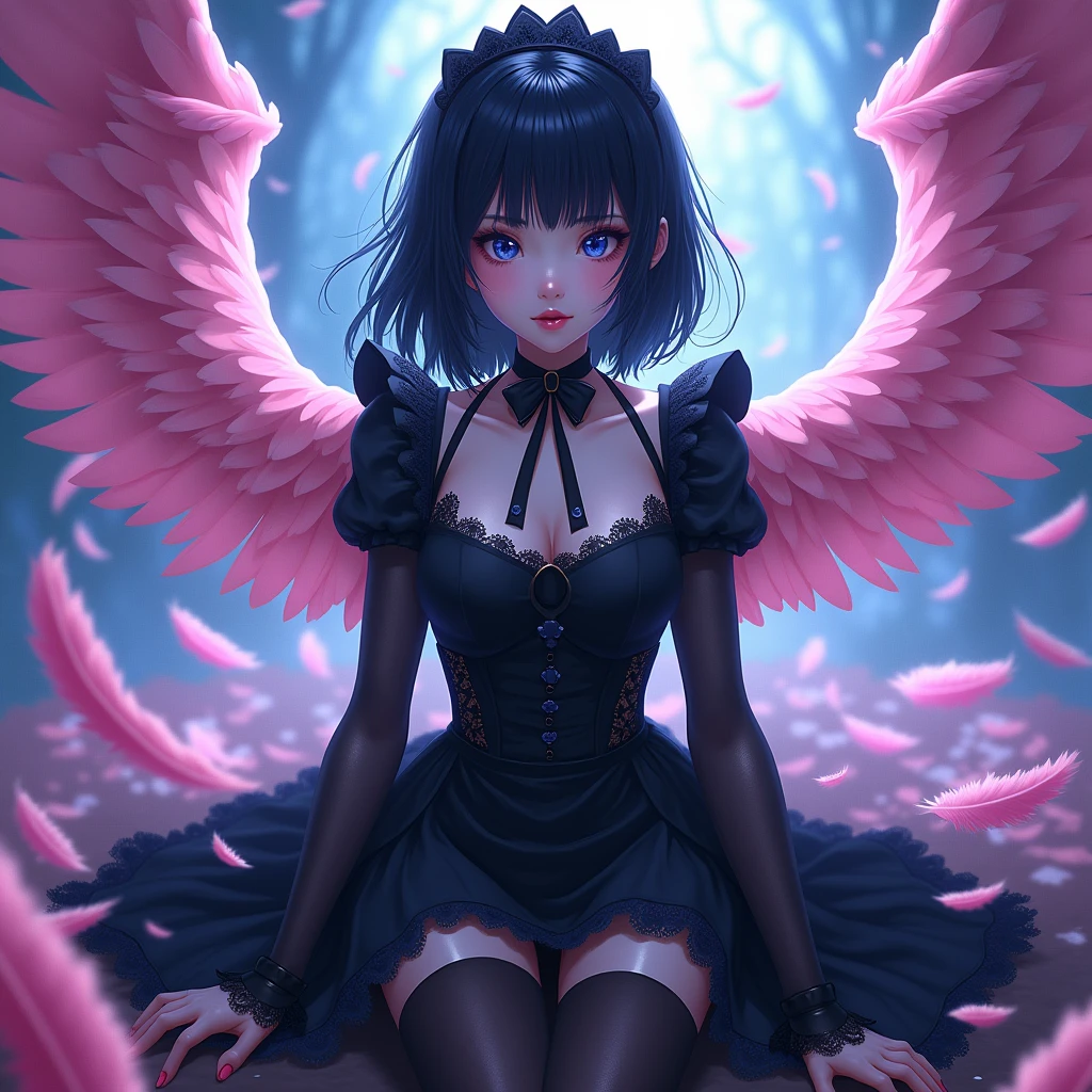 cute、、Young Girl、１２age、Flying、Your eyes are bright and beautiful、whole body、Black Hair、Black cat ears、Cat&#39;s Tail、Beautiful blue eyes、Black crown、Black and blue vampire wings、Glare、Rin々Funny face、beautiful、Pink Moon、Succubus、Lots of blue light、universe、Fantasy，Lots of light、gem、magic、AmbiLight，The colors are vivid and bright，Black background，haze，Detailed depiction，Rich details，Explosion of imagination，Surreal，Ultra-realistic，masterpiece，8k，Light，Tyndall effect
