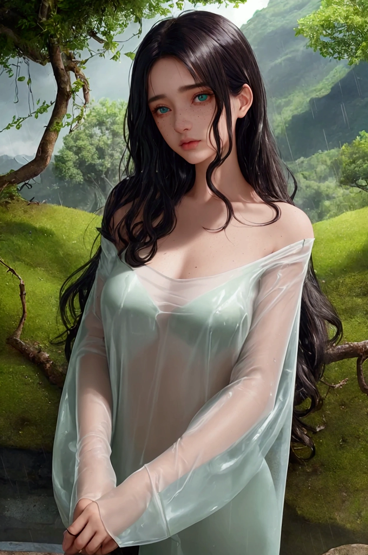 (((Standing in the middle of a waterfall on a moonlit night))),((beautiful woman standing in the middle of the pond:1)),((Beautiful half-naked woman in a beautiful waterfall basin)), ((Black Sexy Nightgown:1)), ((Sharp bewitching eyes))、((Obscene atmosphere))、(((See through Japanese nightgowns:1.3)))、((Japanese-style nightgown with a black base and yellow accents)), ((Kimono made of thin cloth wet with water:1)), pale skin、(Nipple bumps:1), (((1 girl in:1))), ((pale skin))、Melancholy beautiful face、Beautiful expression、Sexy face、Nipple bumps, (((Lower breast)))、(((Beautiful breasts ))), Beautiful 、Super fine face、Delicat eyes、(Double eyelids)、 (((1 Japan Woman)))、 Beautie, 20yr old,((See-through kimono)), (Show off by wearing Japanese revealing clothes), (nipples through), (see-through japanese nightgown)