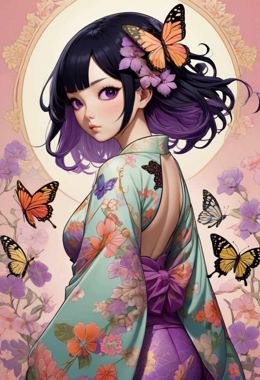 A mesmerizing surreal illustration of a young japanese woman resembling Shinobu Kouchou. She has black hair, purple eyes, a butterfly hair ornament, and wears a vibrant pastel colored outfit adorned with intricate floral patterns. She has a smooth, warm complexion, and bold, colorful tattoos cover her arms and legs. The tattoos feature traditional Japanese motifs like flowers and mythical creatures, rendered with meticulous detail in a pastel color palette. The background is a vintage floral-patterned wallpaper that complements the artwork's colors. The line work is precise, with delicate shading that gives the illustration a 3D quality. The artwork fuses modern illustration techniques with traditional Japanese aesthetics, resulting in a visually striking, portrait, Shinobu_Kocho, butterfly_hairpiece, multicolored_hair, purple_hair, black_hair, big breasts, slender, arms behind back, white panties, cleavage, 
