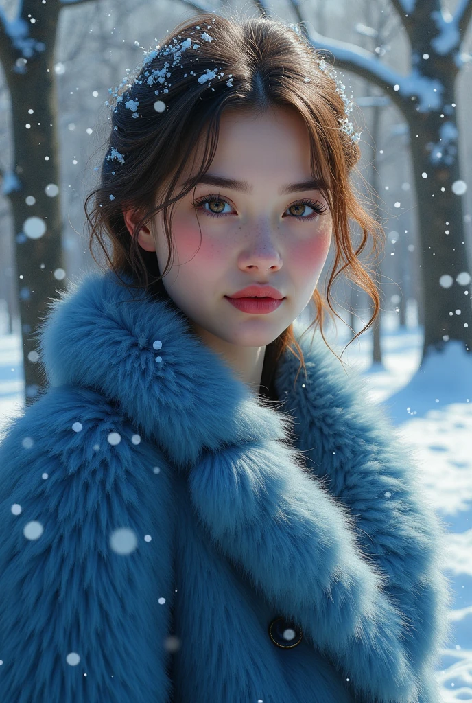 A beautiful woman standing in a snowy winter landscape, wearing an elegant thick fur coat and turtleneck sweater, her short brown hair blowing in the wind. She is looking directly at the camera with a romantic, moody expression, as soft snowflakes fall around her. The lighting is cinematic and dramatic, creating a grand, picturesque scene. Her features are rendered in ultra-high definition, with accurate anatomy, glowing skin, sparkling eyes, and lustrous lips. The background is slightly blurred, putting the focus on her close-up portrait. (best quality,8k,hyperrealistic,award-winning,ultra-detailed),(thick textured fur coat and turtleneck sweater:1.3),it's snowing,brown hair,(short hair:1.1),grand cinematic lighting,romantic affection:1.1),(most romantic and moody atmosphere:1.1),winter,snowy landscape,snow falling,(walking in norwegian snow:1.1),looking at camera,(very large breasts:1.2),(emphasize body lines:1.1),blurred background,accurate anatomy,ultra-hd hair,ultra-high-res perfect beautiful teeth,ultra-detailed beauty face,ultra-hd hair,ultra-high-res sparkling eyes,glowing ultra-high-res skin,ultra-high-res lustrous lips,(close-up face:1.1),1 woman, blue eyes, black hair, long hair, black hair, blue eyes, glittering effects