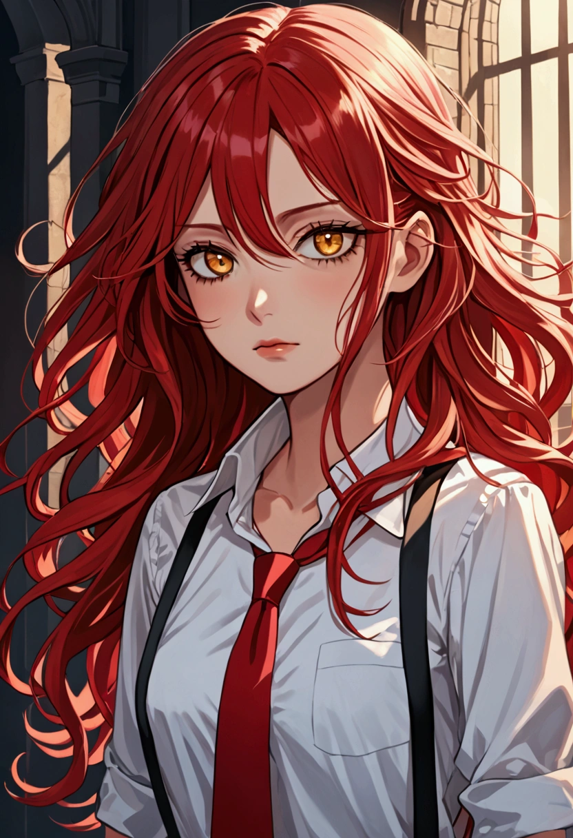 there is a red-haired girl with long, wavy hair. She has golden eyes and wears a white shirt with a red tie and black suspenders, she is a hero