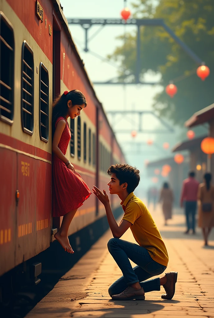 A girl nd boy in an Indian train  seating opposite to each other looking outside the train to a beautiful scenery 