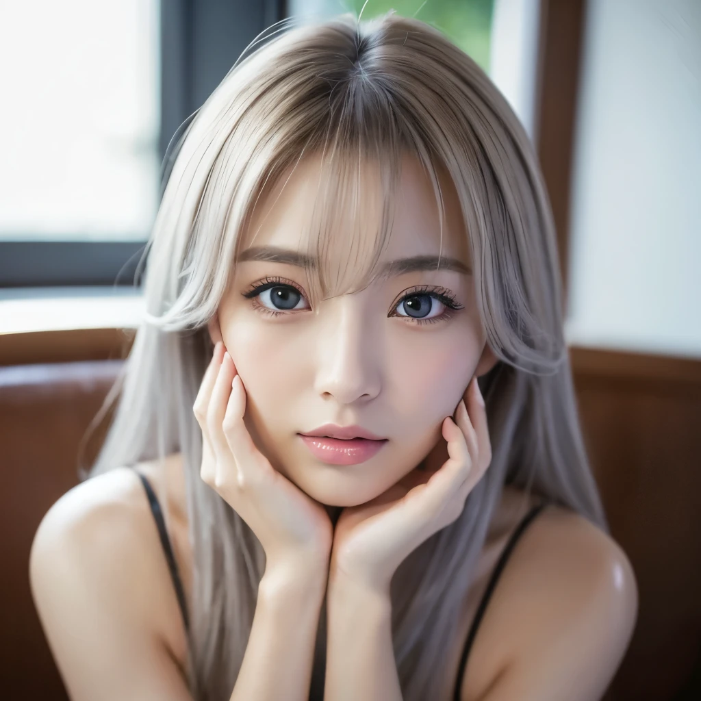 top-quality、masterpiece、超A high resolution、(Photorealsitic:1.4)、1girl in、Shoulder、enticing、looking in camera、smil,white hair、Colossal tits、Healthy skin、Delicate skin、